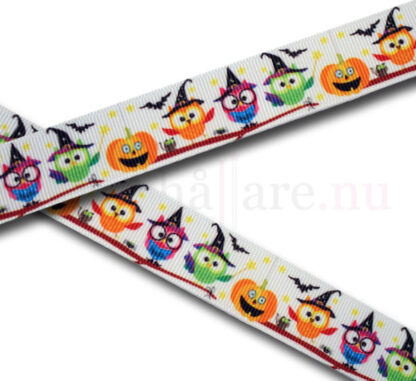 Halloweenugglor 22 mm, vittt band med halloweentema: ugglor, pumpor och fladdermöss till napphållare/nappband.