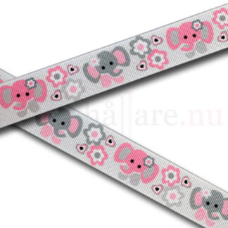 Dekorband 22 mm, elefanter och blommor i rosa och grå färg.