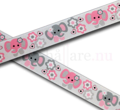 Dekorband 22 mm, elefanter och blommor i rosa och grå färg.